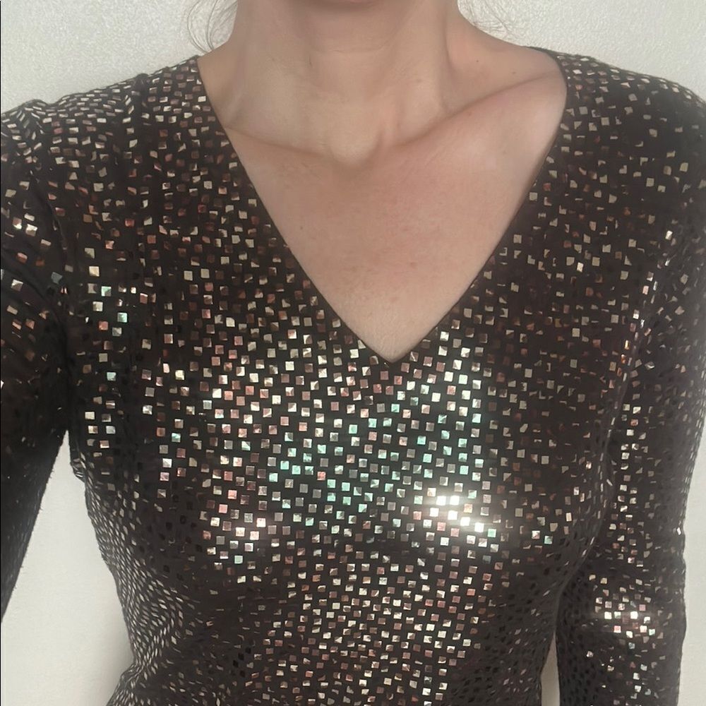 St John brownโgold shiny sequin 3/4 sleeve neck blouse top small s